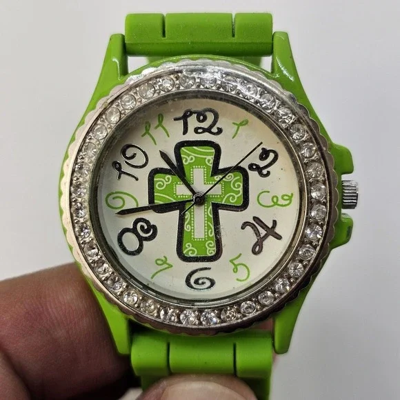 Women's Watch 38MM White‎ Dial Cross on Dial Religious Green Bands New Battery