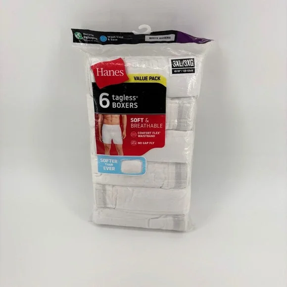 Hanes Mens 6 Pack Tagless Comfort‎ Flex Waistband White Boxer 3XL