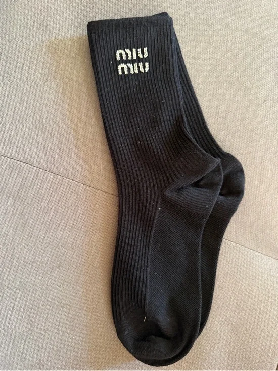 Miu Miu Black Ribbed Logo Crew Socks with White Accent