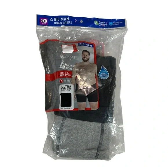 Hanes Ultimate Big Man 4 Pack Boxer Briefs 2XB Black Grey 7701B4 NEW