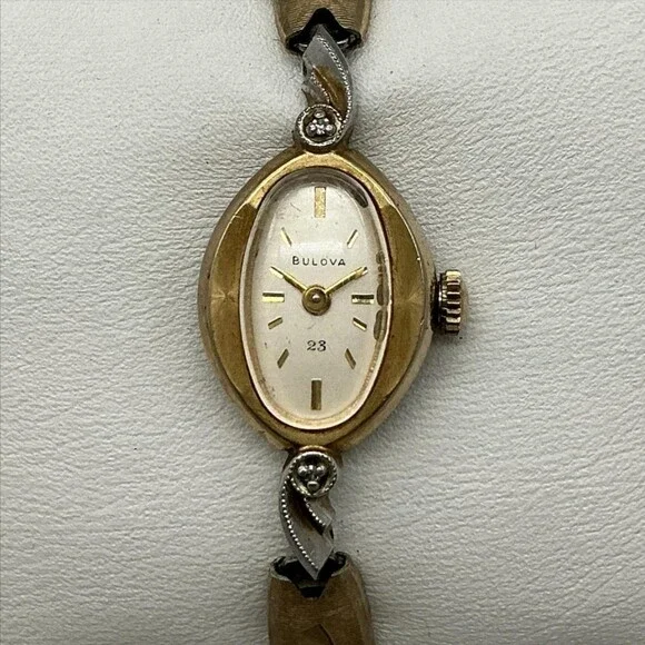 Vintage Bulova 23j Womens Watch 14mm Cream Dial 10K RGP Stretch Manual Wind