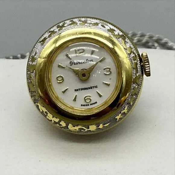 Vintage Princeton Pendant Necklace Watch Women 23mm Gold Tone Manual Swiss Chain