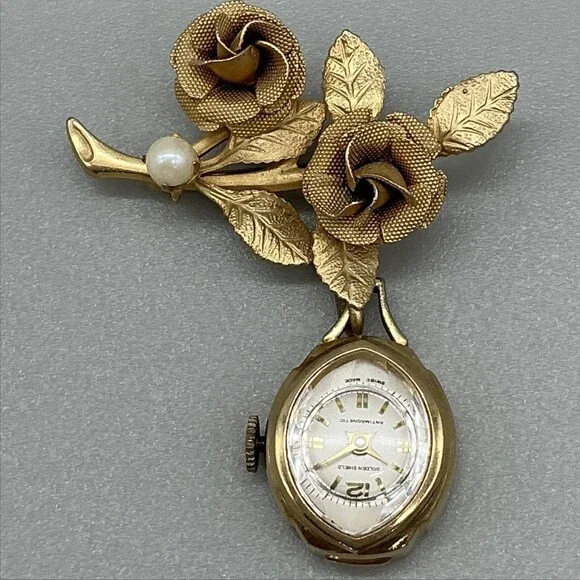 Vintage Golden Shield Nurse Brooch Watch Women 16mm Gold Tone White Dial Manual