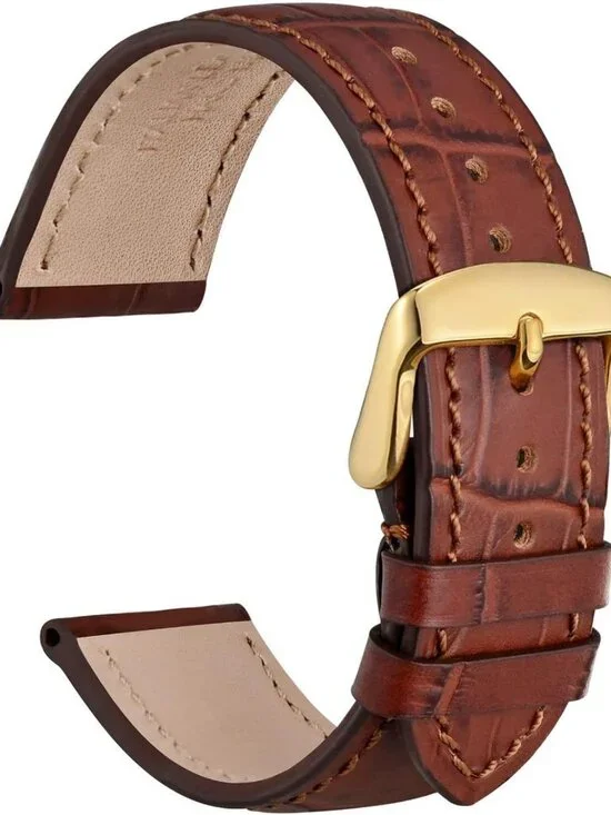 Elegant 20mm Italian Leather Watch Band, Embossed Alligator Grain, Gold Buckle