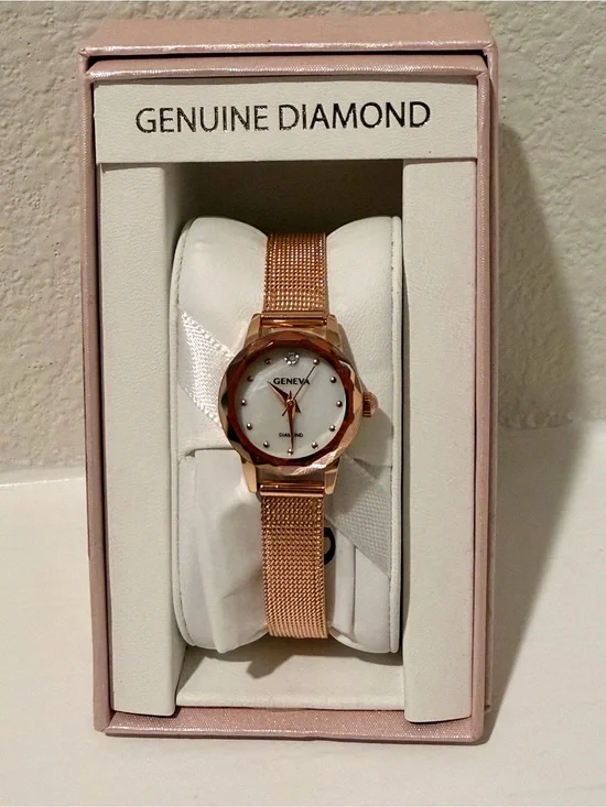 Geneva Rose Gold Mesh Band Women's Watch with White Dial