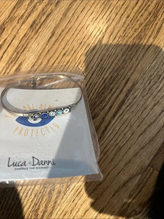 Luca + Danni Silver Bangle with Dark Blue and Light Blue Evil Eye Beads