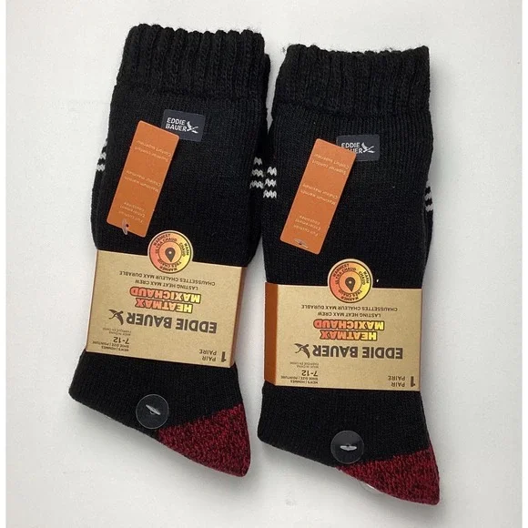 Eddie Bauer 2-Pair Black Heat‎ Thermal Long Heavyweight Crew Socks Size 7-12