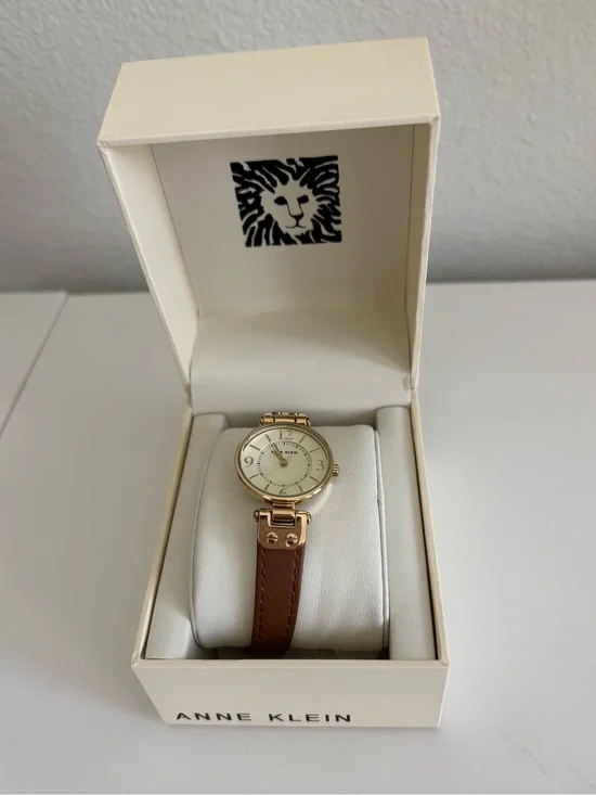 NEW IN BOX Anne Klein Gold-Tone Case with Brown Leather Strap Watch