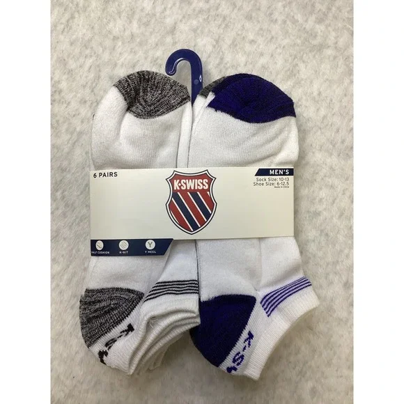 K-Swiss Mens Low Cut Athletic Socks 6 Pair Pack‎ White Blue Grey Maroon KS5M9207