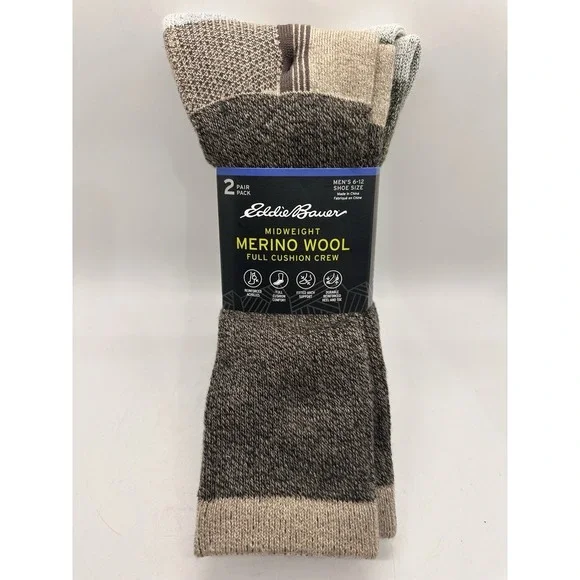 Eddie Bauer Merino Wool Crew Socks 2 Pair Pack Mens 6-12 Midweight