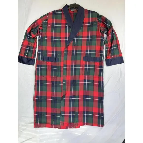 Vintage Charles Good Night Robe Mens XL Red Green Silk Plaid Tartan Lounge 90s‎