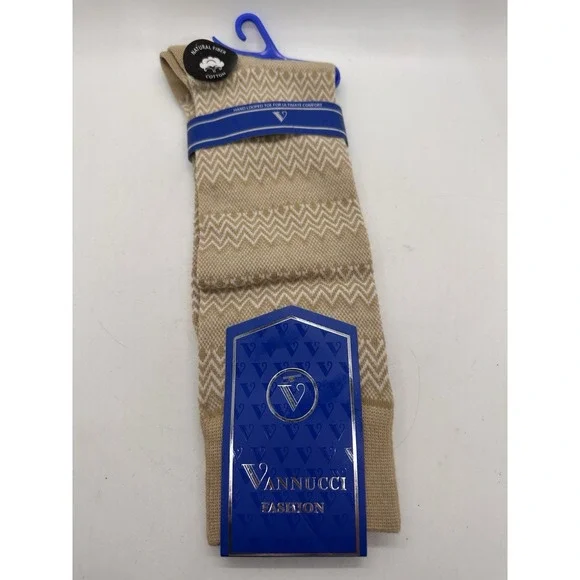 Vannucci Fashion Men's Cotton Dress Socks Beige Chevron Pattern New