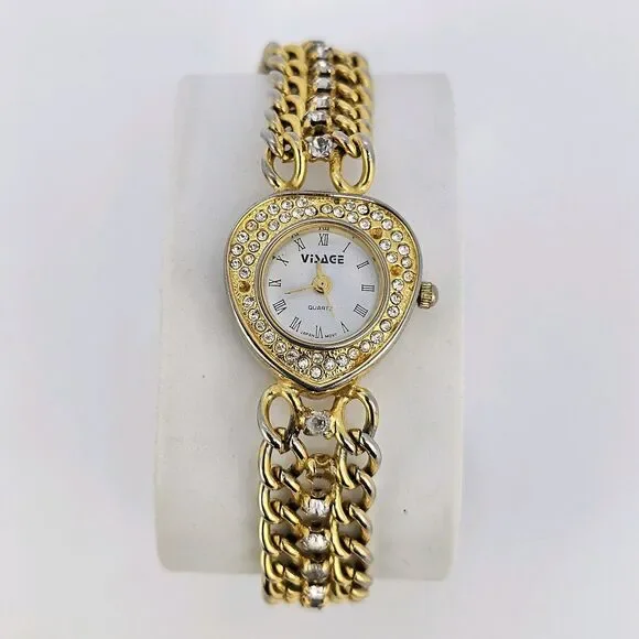 Visage Women's Watch Hearts 21MM White Dial Gold Bracelet Band 6.5
