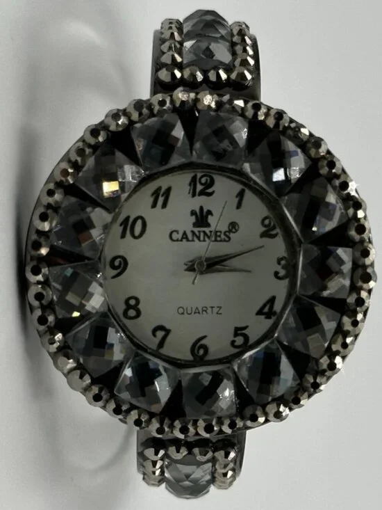 Cannes Rhinestone Watch Women Gunmetal Hinged Cuff Band New Battery 6.5