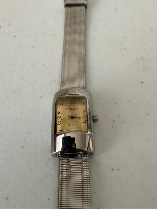 Rectangular Silver-Tone Quartz Watch with Champagne Dial