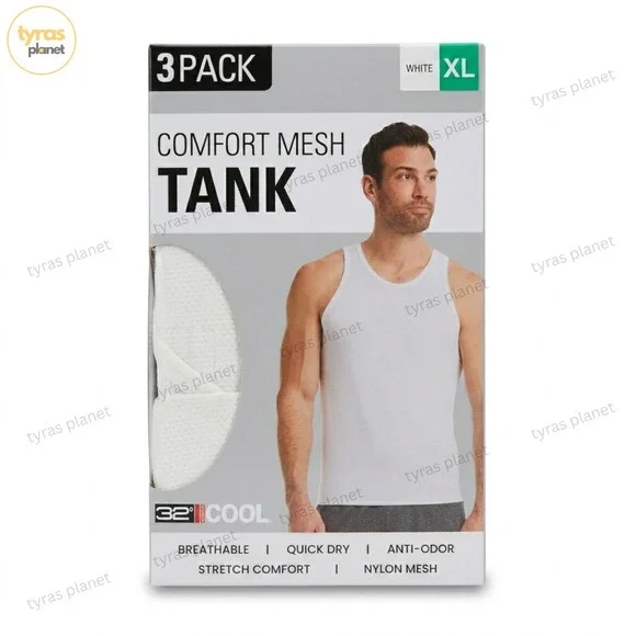 32 Degrees Cool Men's 3-Pack Comfort Mesh Tank T-Shirt, White, Size XL