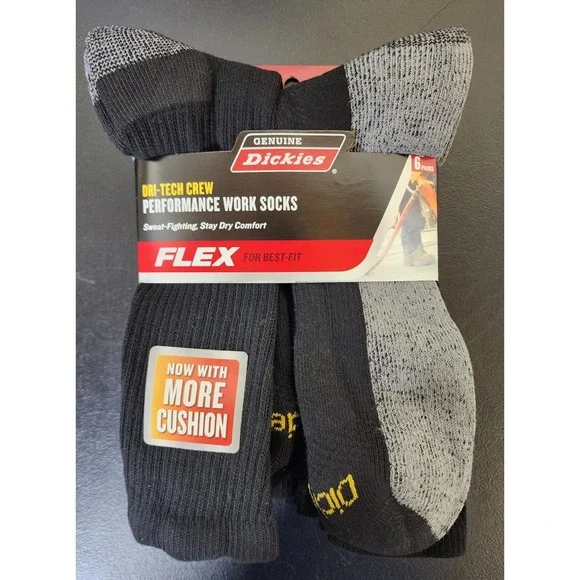 Dickies Size 12-15 Big and Tall Mens Dri Tech Crew Work Cushion Socks 6 Pairs