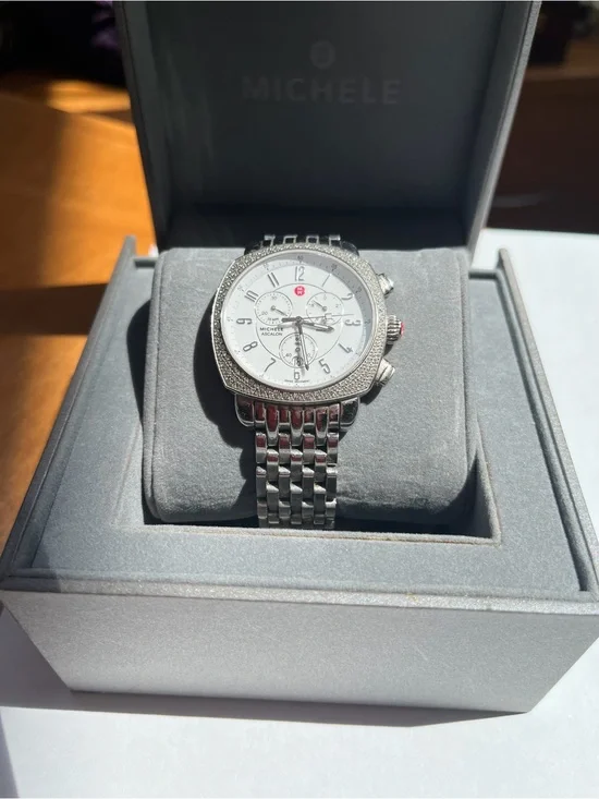 Michele Silver Stainless Steel Chronograph Watch with White Dial