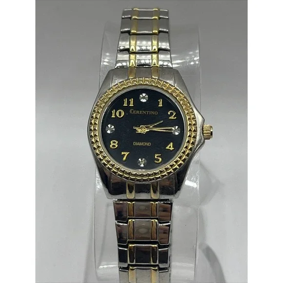 Cerentino Diamond Woman's Quartz Watch Two Tone, Black Dial-‎ New Battery