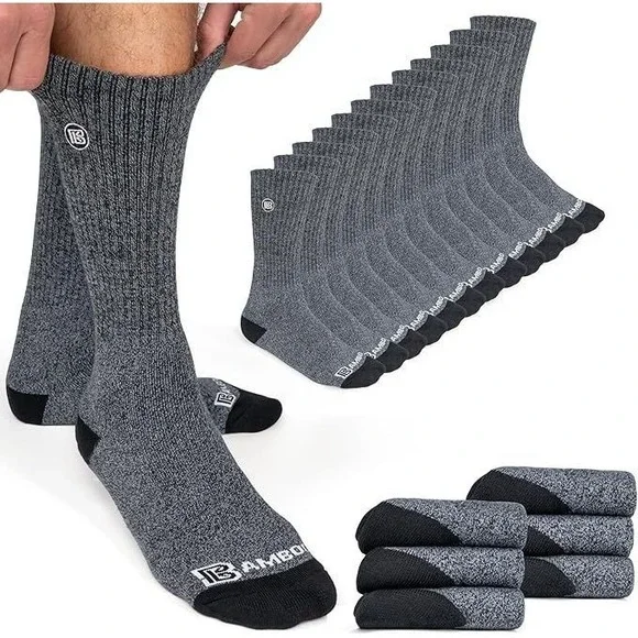 Bamboo Sports 6pk Unisex Premium Bamboo Rayon Work Hiking Crew Socks - Gray - L