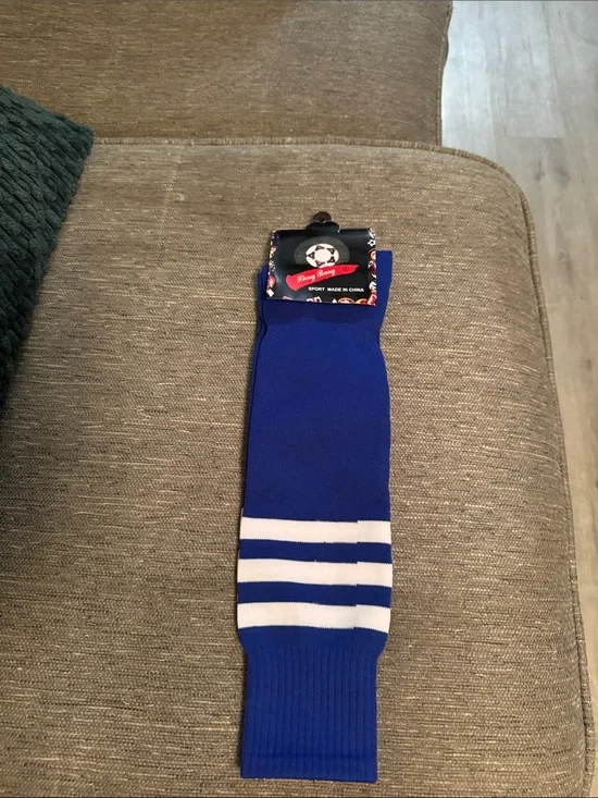 Men's Athletic Knee-High Socks in Royal Blue with White Stripes