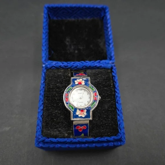 Virgo Blue Cloisonne Enamel Floral Cuff Bangle Watch Silver Tone Vintage SMALL