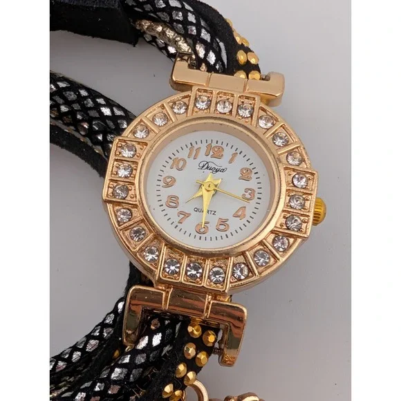 Duoya Wrap Watch Women 25mm Case Black/Gold Band Key Accent- New‎ Battery