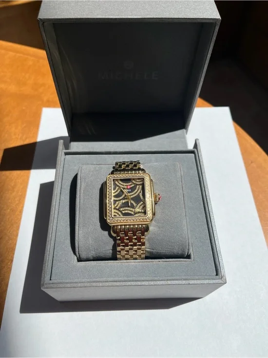 Michele Gold-Tone Black Dial Diamond Accent Deco Bracelet Watch