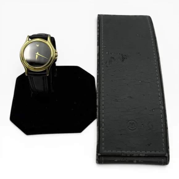 Movado Museum Women Quartz Watch 87 E4 0823 Gold Plated Black Leather Swiss Made