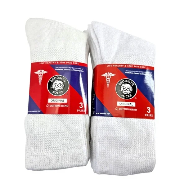6-Pack BROOKLYN White Diabetic Socks Sz 9-11, Shoe Sz Mens 7-9.5