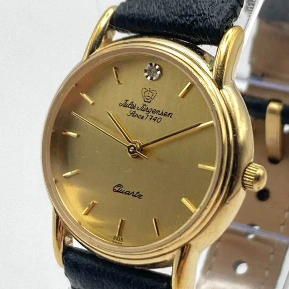 Vintage Jules Jurgensen Womens Watch Gold Tone 27mm Black Leather New Battery 8