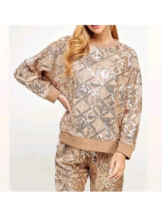Piper & Scoot Exclusive Sequin Velvet Lounge Set Gold Champagne Top S OS Pants L