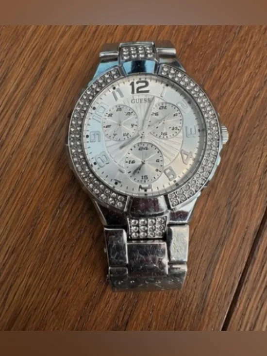 Guess Silver Tone Rhinestone Chronograph Style Watch Women’s Bling
