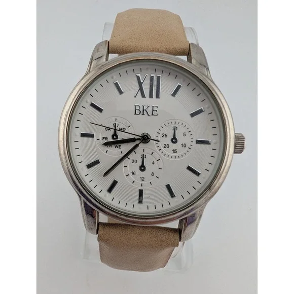BKE Watch Women Beige Faux Leather‎ Band 38mm Silver Case- New Battery