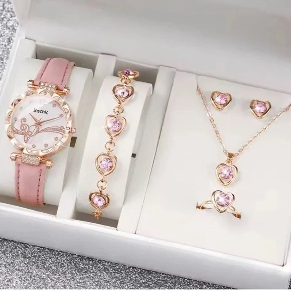 chic Pink Heart Jewelry Set with Watch