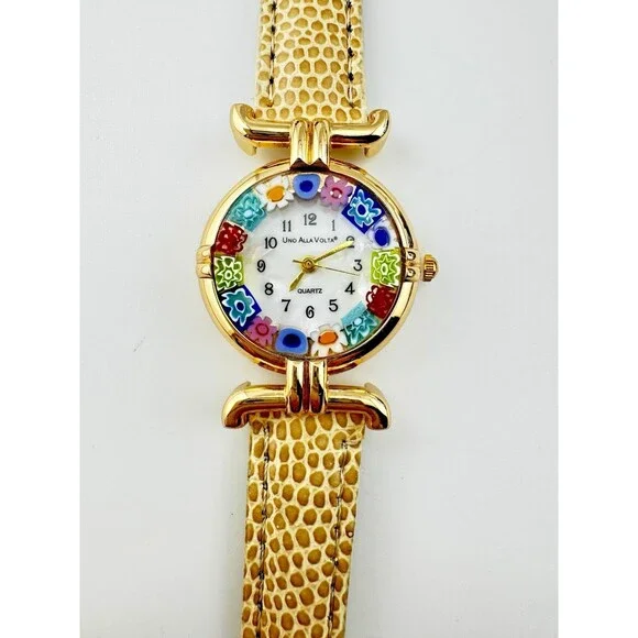 Uno Alla Volta Murano Glass Womens Watch 27mm MOP Dial Gold Tone Millefiori NEW