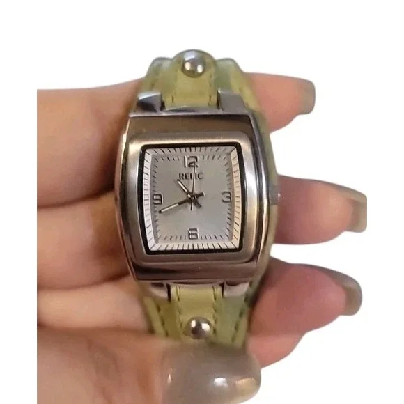 Relic by Fossil‎ Womens Cuff Watch Lime Green Leather Square Silver Tone ZR15339
