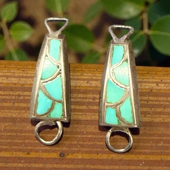 Very Old Navajo Sterling Silver Watch Tips Old Pawn Blue Turquoise Inlay