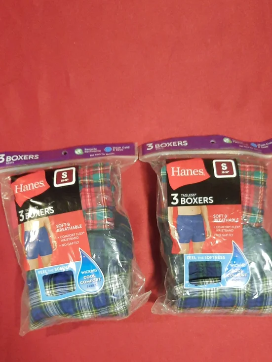 2 Hanes Men's 3-Pack Plaid Boxer Briefs - Blue/Green (Small) 6 Pair Boxer Briefs