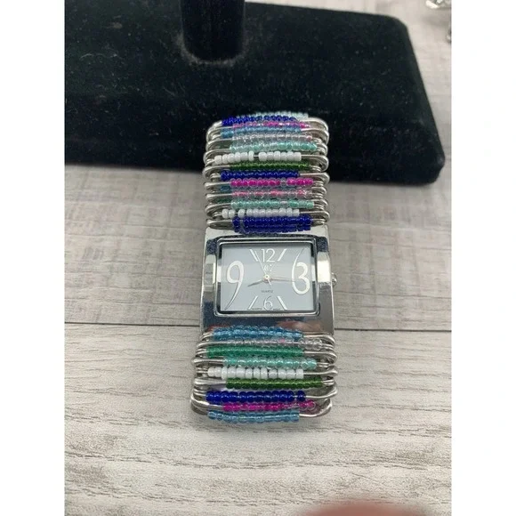 Wristwatch Silver Tone Rectangular White Face‎ Colorful Beaded Paper Clip Band