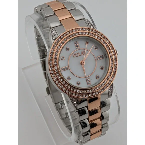 Folio Women's Watch 30mm Case Pave Crystal Bezel MOP Dial 7.5