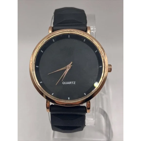 Unisex Quartz Watch Rose Gold‎ 39mm Case Black Silicone Band- New Battery