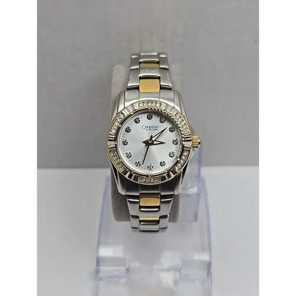 Caravelle by Bulova Gold Silver Two Tone Crystal Petite Dress Watch New Battery