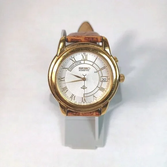 Men's 36mm Seiko Kinetic Wristwatch Leather Band Water Resistant Works