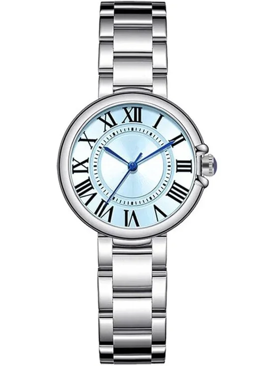 Women's Silver-Blue Classic Vintage Roman Numerals Dial Stainless Steel Watch