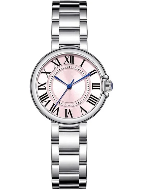 Women's Silver-Pink Classic Vintage Roman Numerals Dial Stainless Steel Watch
