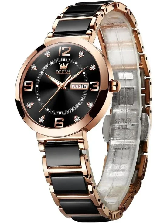 Women's Black-Leather Rose Gold Ceramic Two Tone Ladies  Watch Day Date Gift