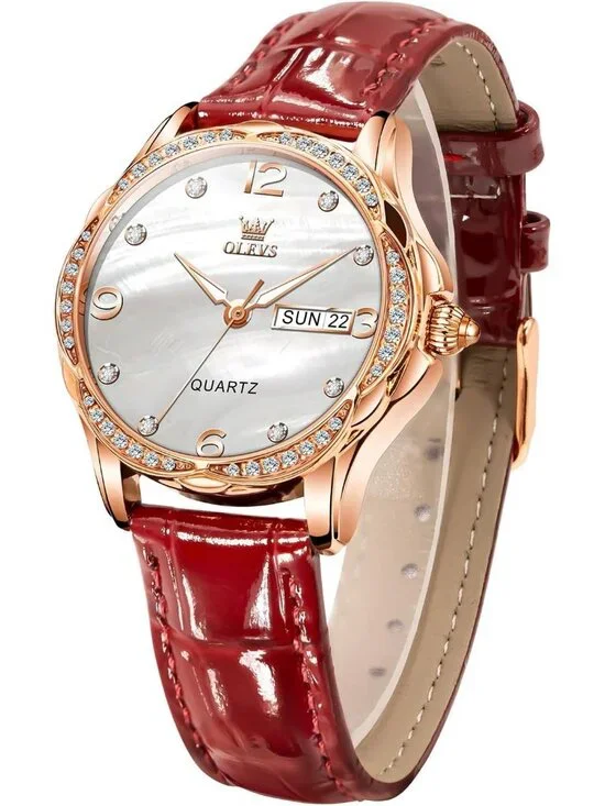 Women's Red-Leather Rose Gold Ceramic Two Tone Ladies Casual Watch Day Date Gift