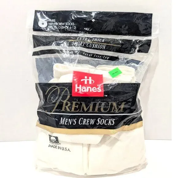 Vtg 1992 Hanes Premium Men's Crew Socks Fits Shoe Size 6-12 FIVE Pairs Open Read