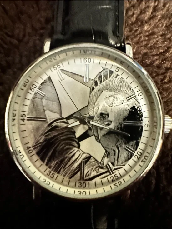 Silver-Tone Graphic Dial Wristwatch with Black Leather Strap